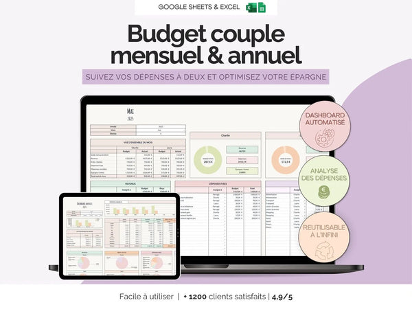 Tableau budget mensuel annuel couple famille Excel Google sheets