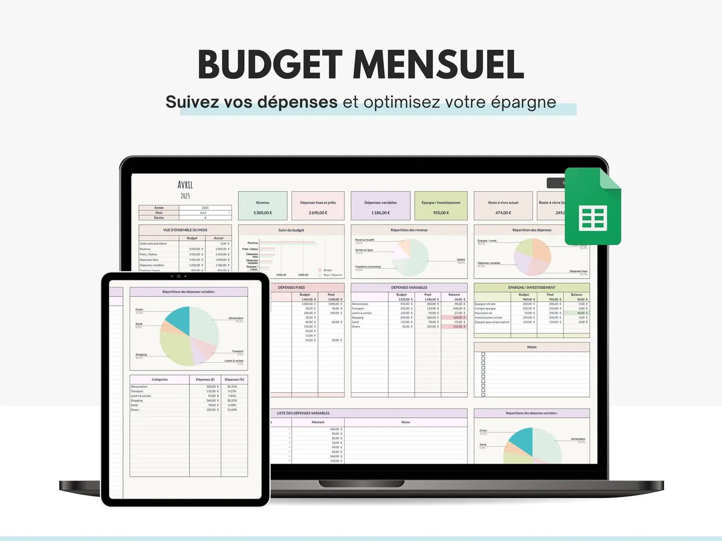 Tableau budget mensuel Excel Google sheets