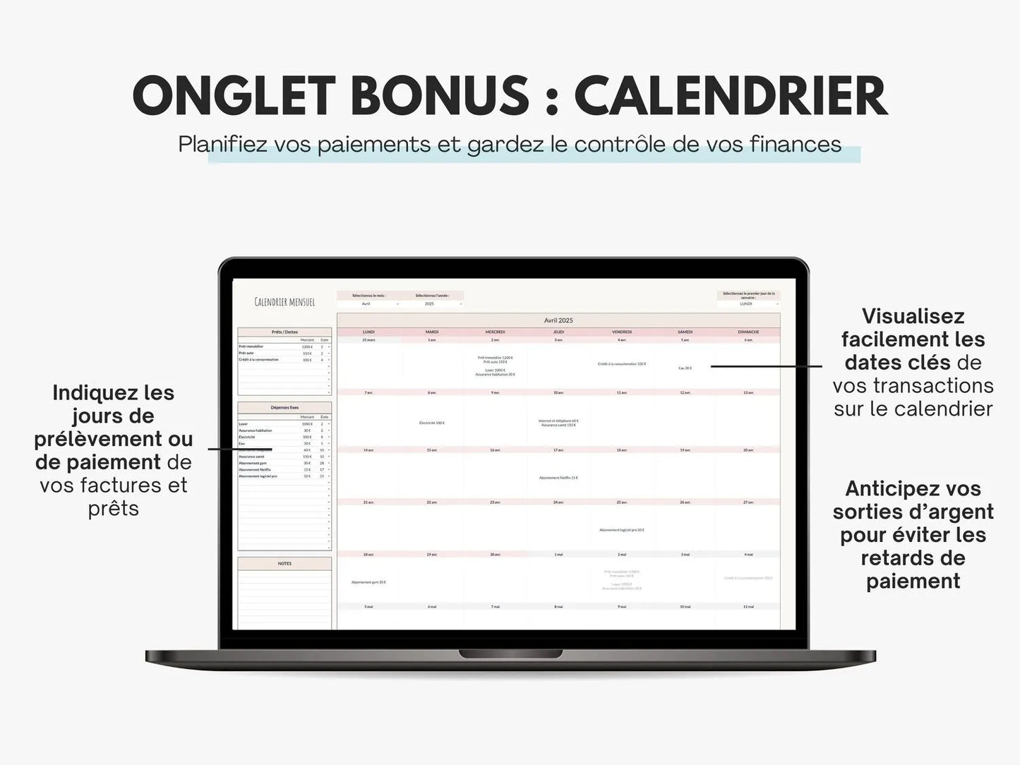 Calendrier Tableau budget mensuel Excel Google sheets