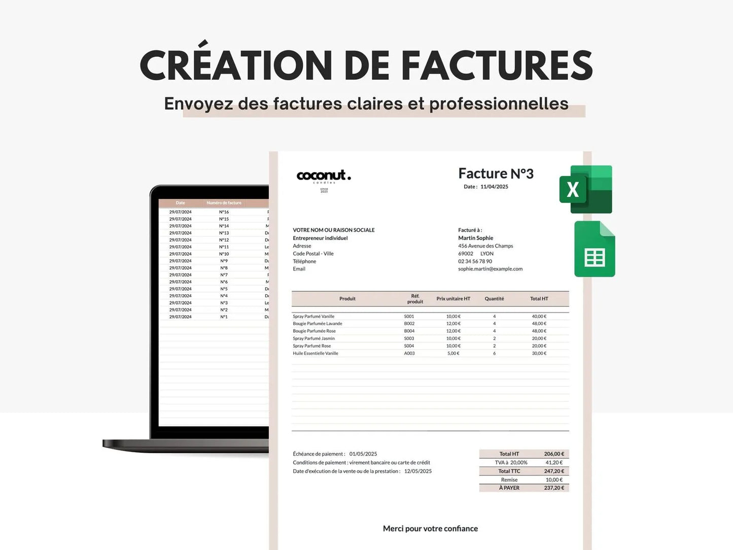 Facture client pour auto entrepreneurs sur Google sheets et Excel