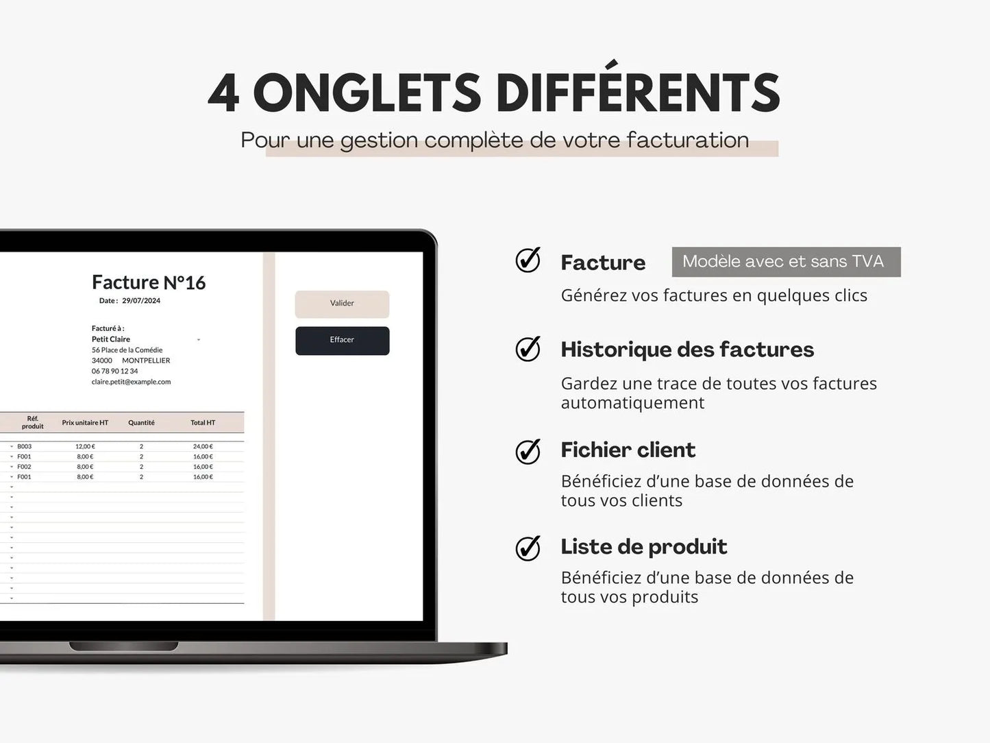 Facture client pour auto entrepreneurs sur Google sheets et Excel