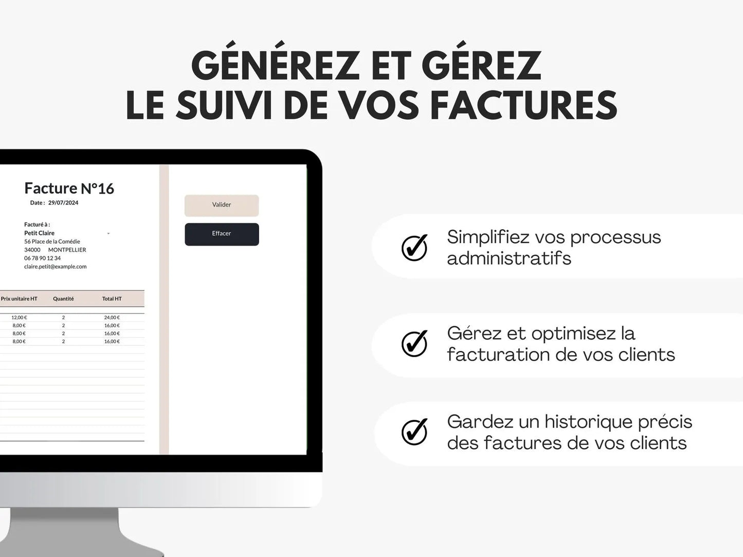 Facture client pour auto entrepreneurs sur Google sheets et Excel