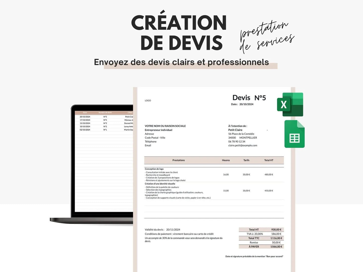 Devis prestation de services Excel Google sheets