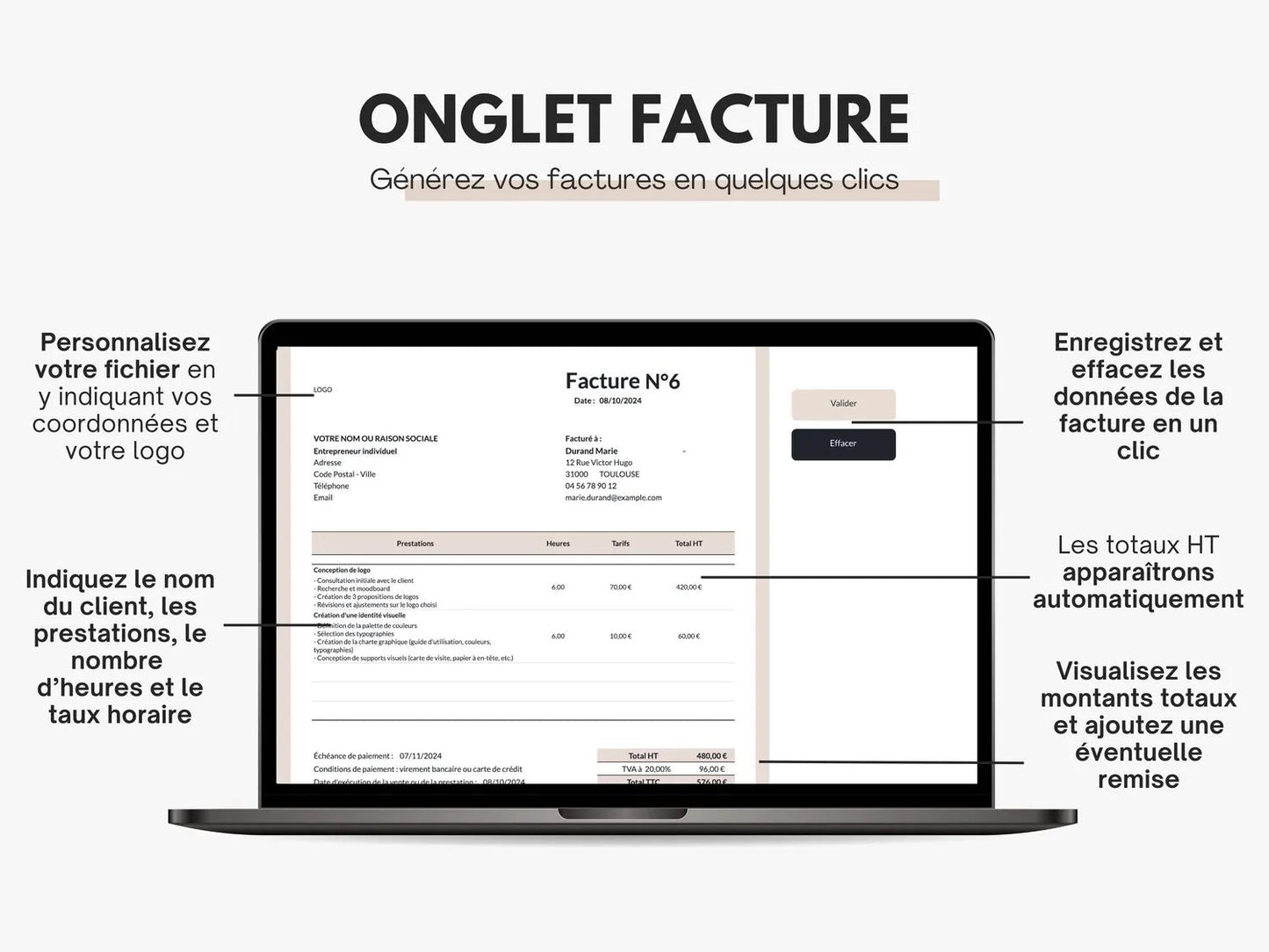 Facture prestation de services Excel Google sheets