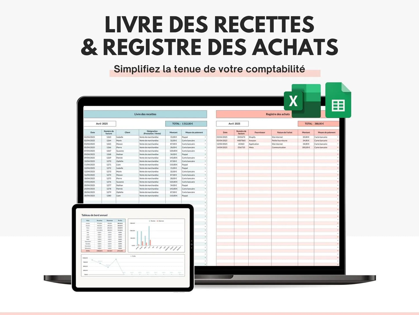 Livre des recettes et registre des achats Excel Google sheets