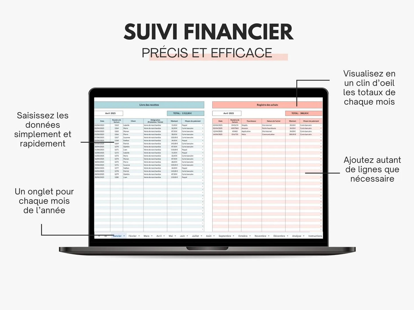 Livre des recettes et registre des achats pour micro entreprise Google sheets