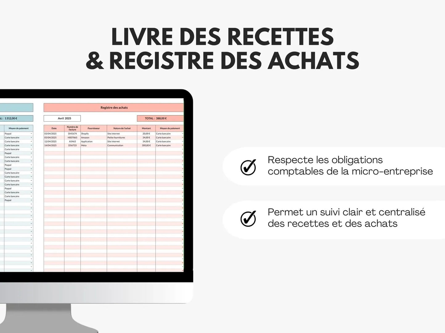 Livre des recettes et registre des achats pour micro entreprise Google sheets