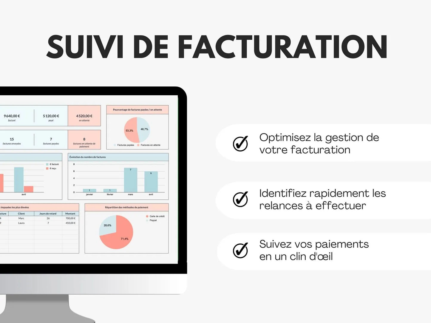 Tableau de bord suivi des factures Excel Google sheets
