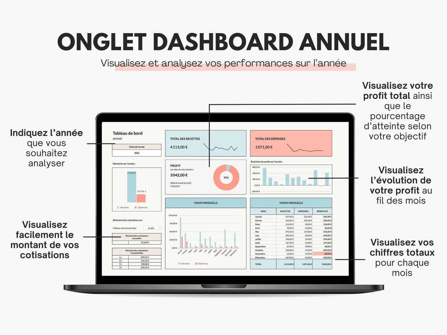 Tableau de bord comptable annuel Excel et Google sheets