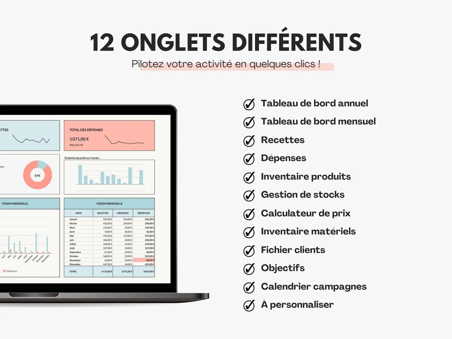Tableau de bord gestion micro entreprise Google sheets