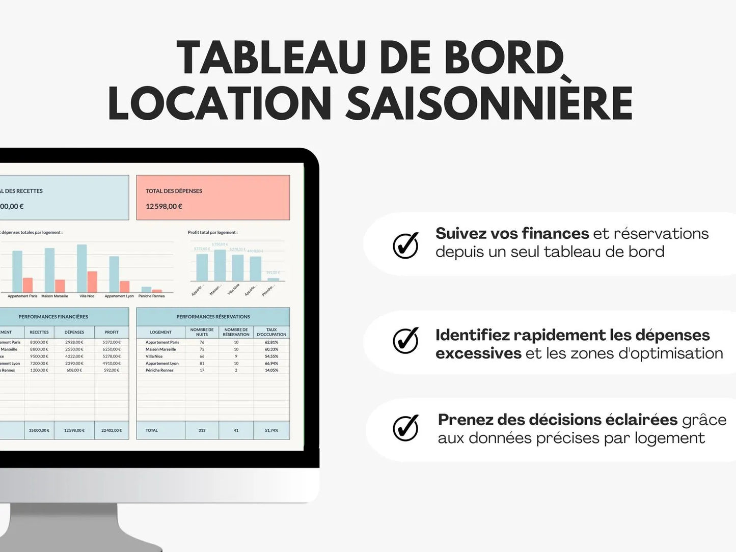 Tableau gestion locative | Suivi recettes, dépenses & réservations