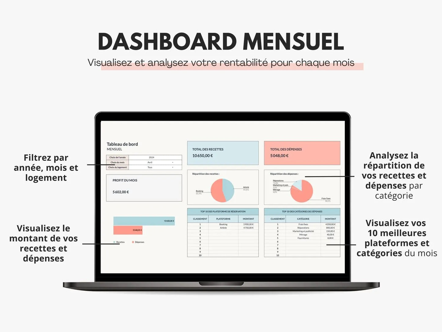 Tableau gestion locative | Suivi recettes, dépenses & réservations