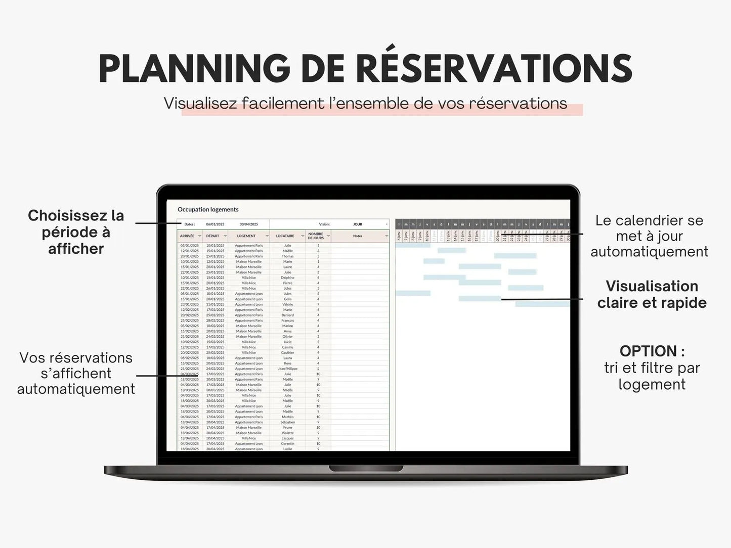 Tableau gestion locative | Suivi recettes, dépenses & réservations