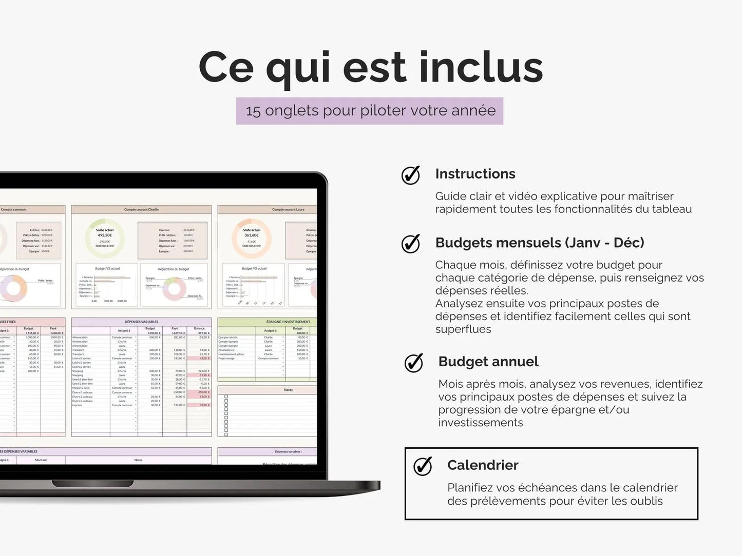 Ce qui est inclus dans le tableau budget familial et couple - compte commun :
Onglets mensuels, récap annuel, calendrier des paiements et instructions