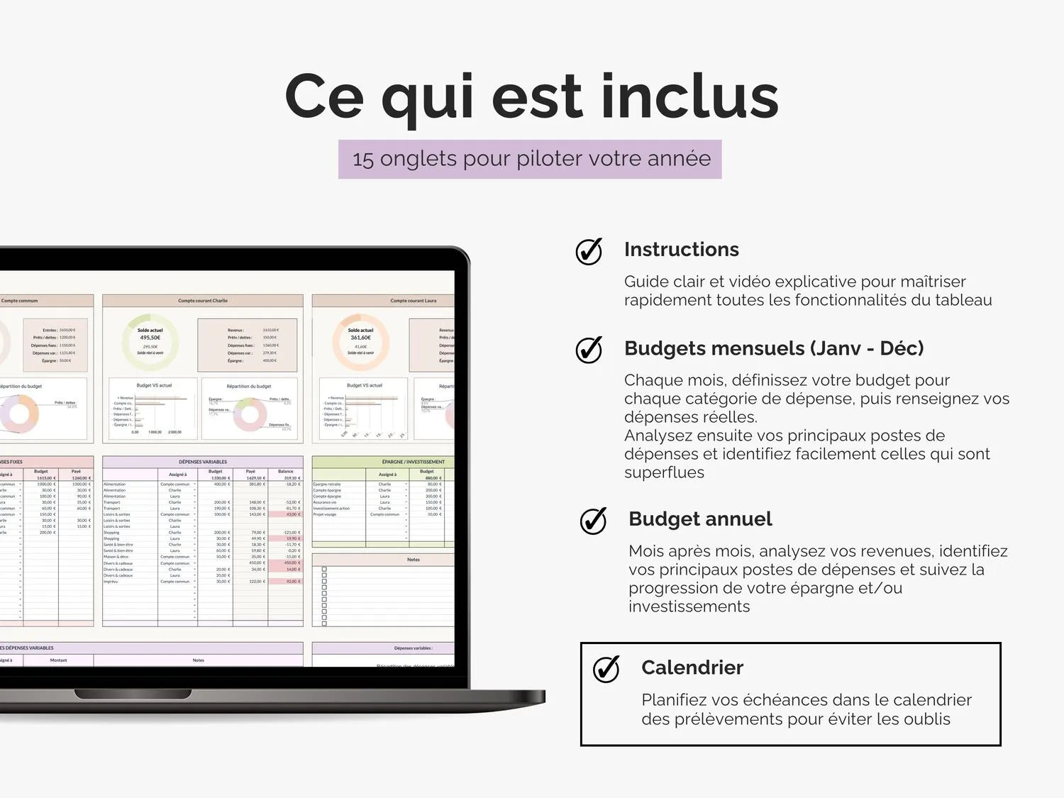 Ce qui est inclus dans le tableau budget familial et couple - compte commun :
Onglets mensuels, récap annuel, calendrier des paiements et instructions