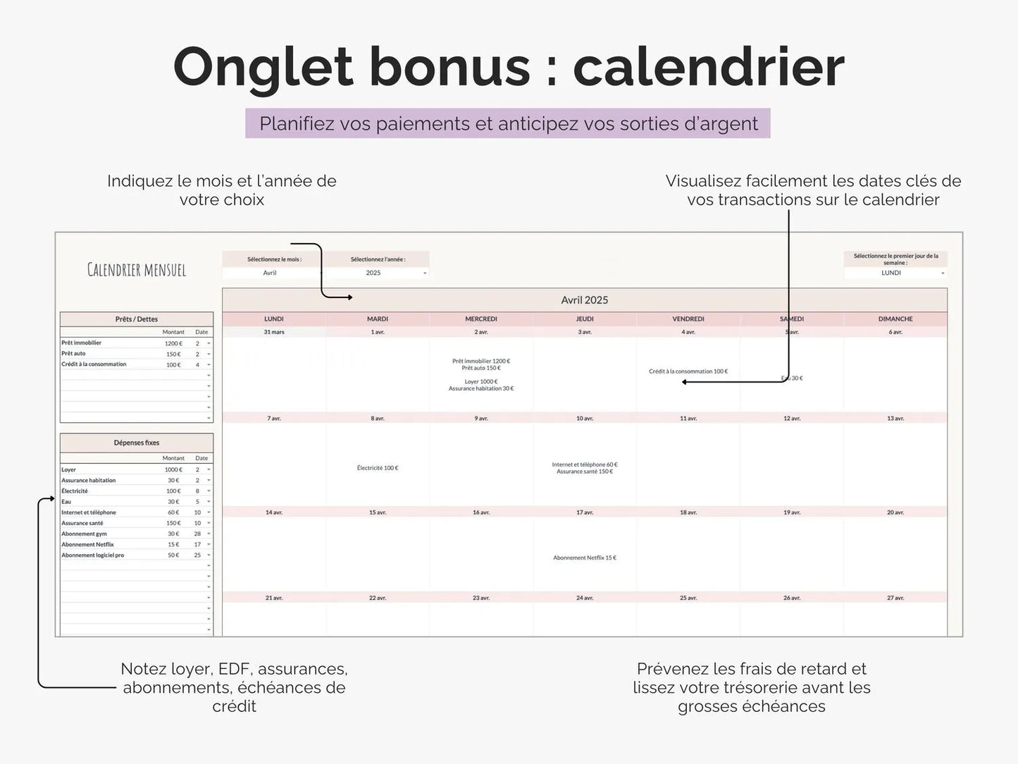 Onglet calendrier des paiements : planifiez  vos paiements et vos sorties d'argent