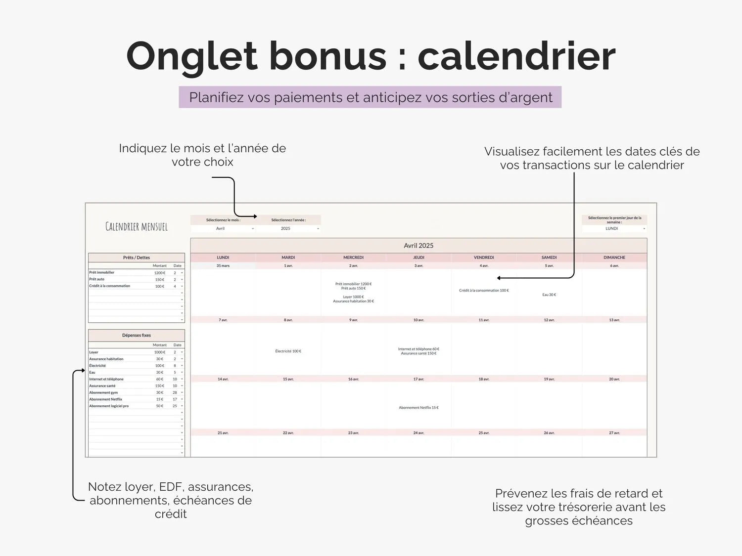 Calendrier mensuel automatisé : planifiez vos paiements et anticipez vos sorties d'argent