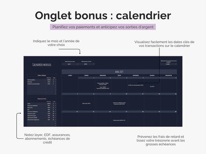 Tableau budget mensuel et annuel 
Calendrier mensuel pour planifier les paiements 