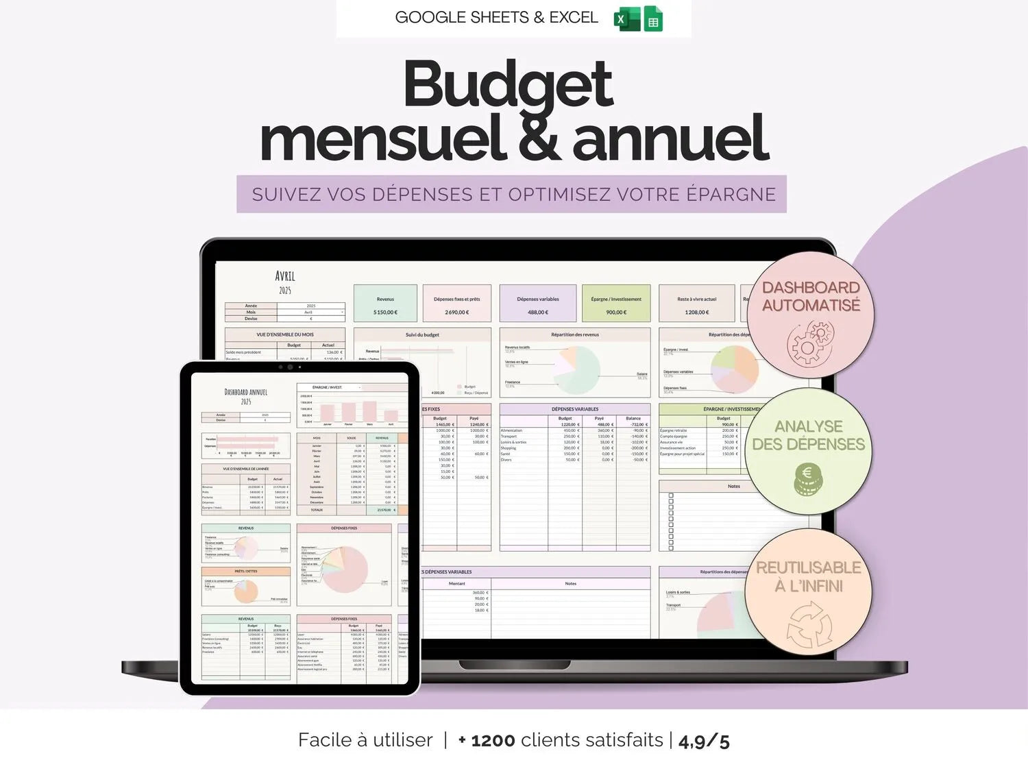 Tableau budget mensuel annuel Google sheets Excel