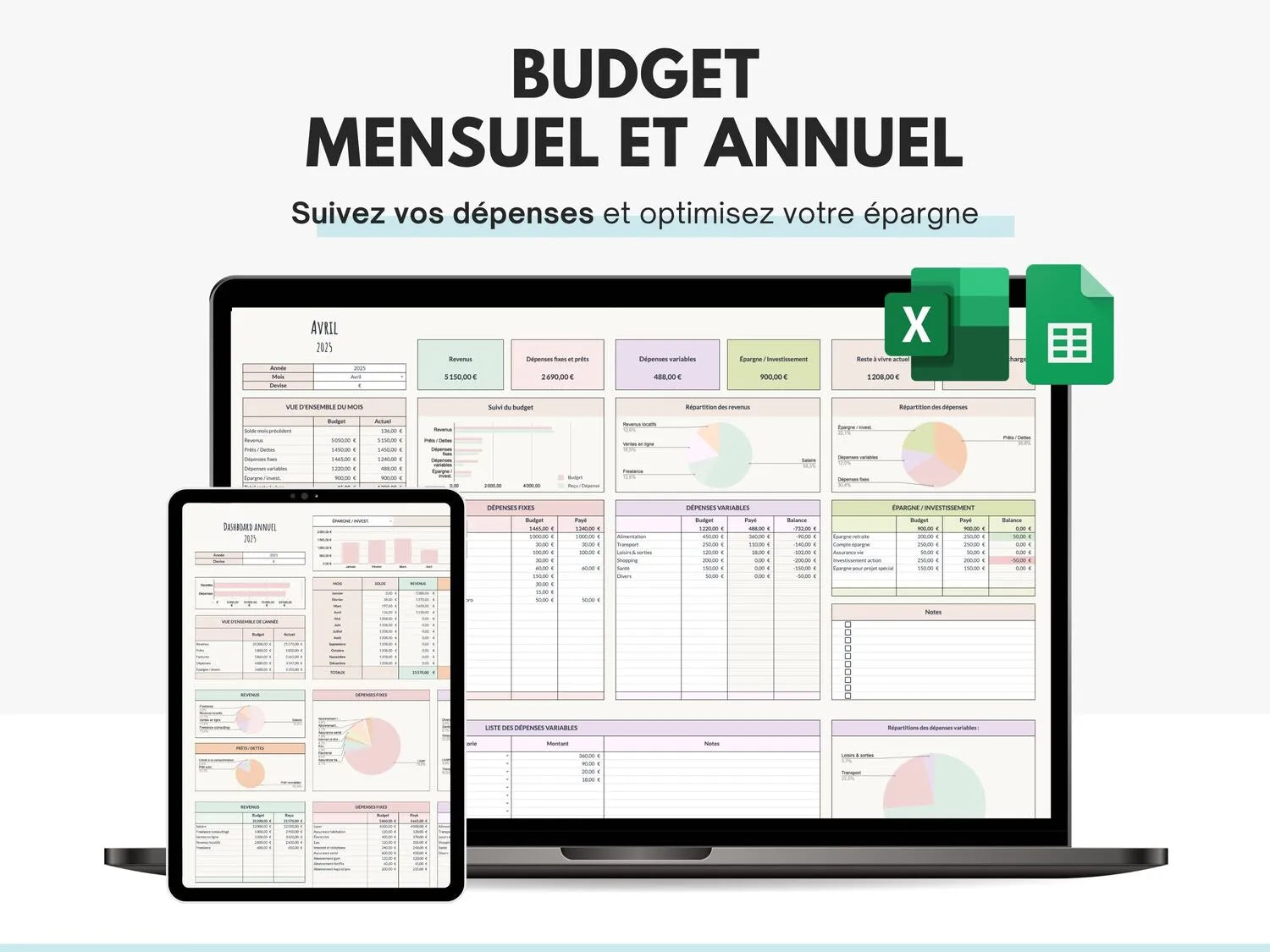 Tableau budget mensuel annuel Excel Google sheets