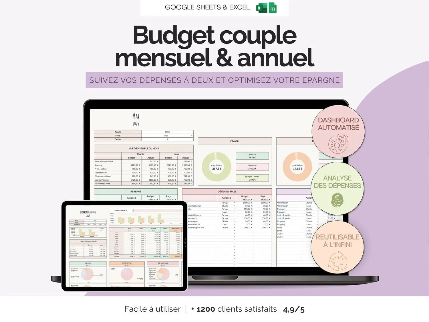 Tableau budget mensuel annuel couple famille Excel Google sheets 