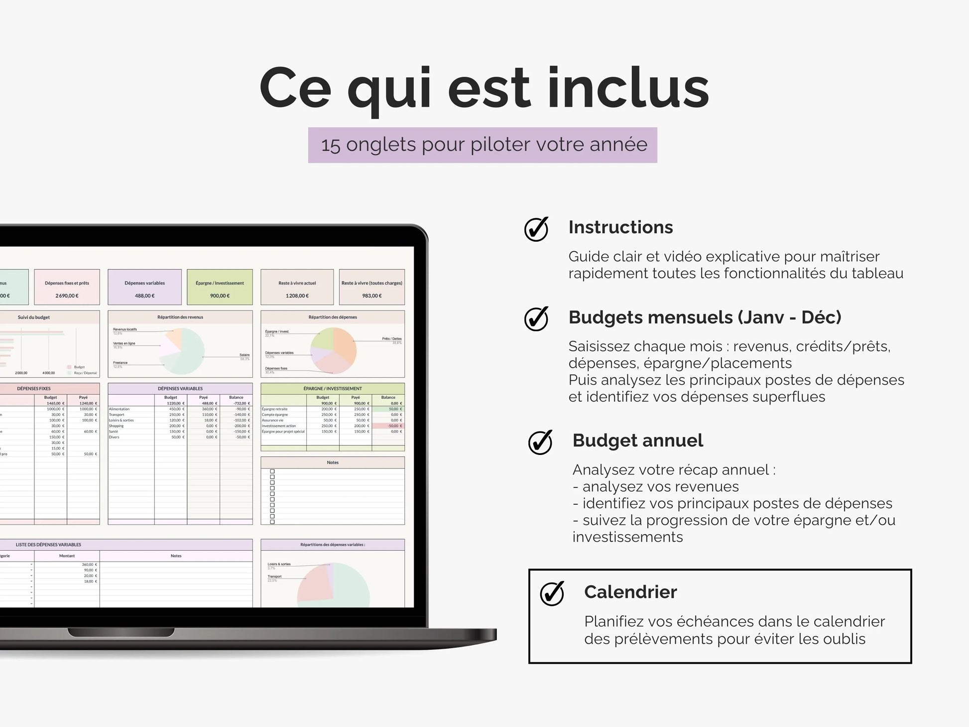 Ce qui est inclus dans le template budget mensuel annuel Google sheets Excel