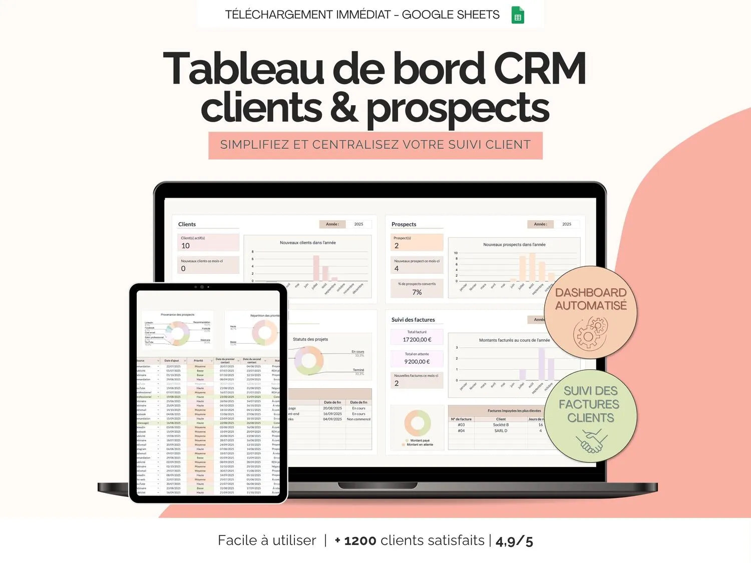 Tableau de bord CRM | Suivi des clients et prospects Google sheets