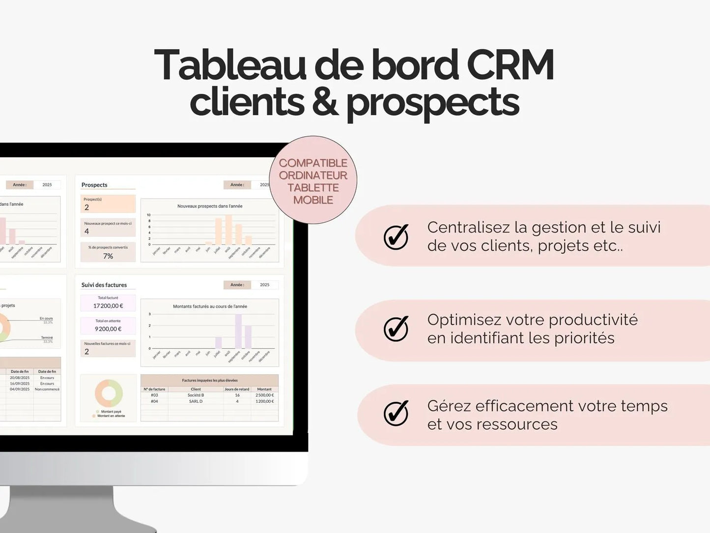 Tableau de bord CRM clients & prospects Google sheets : 
- Centralisez la gestion et le suivi de vos clients, projets etc..
- Optimisez votre productivité en identifiant les priorités
- Gérez efficacement votre temps et vos ressources
