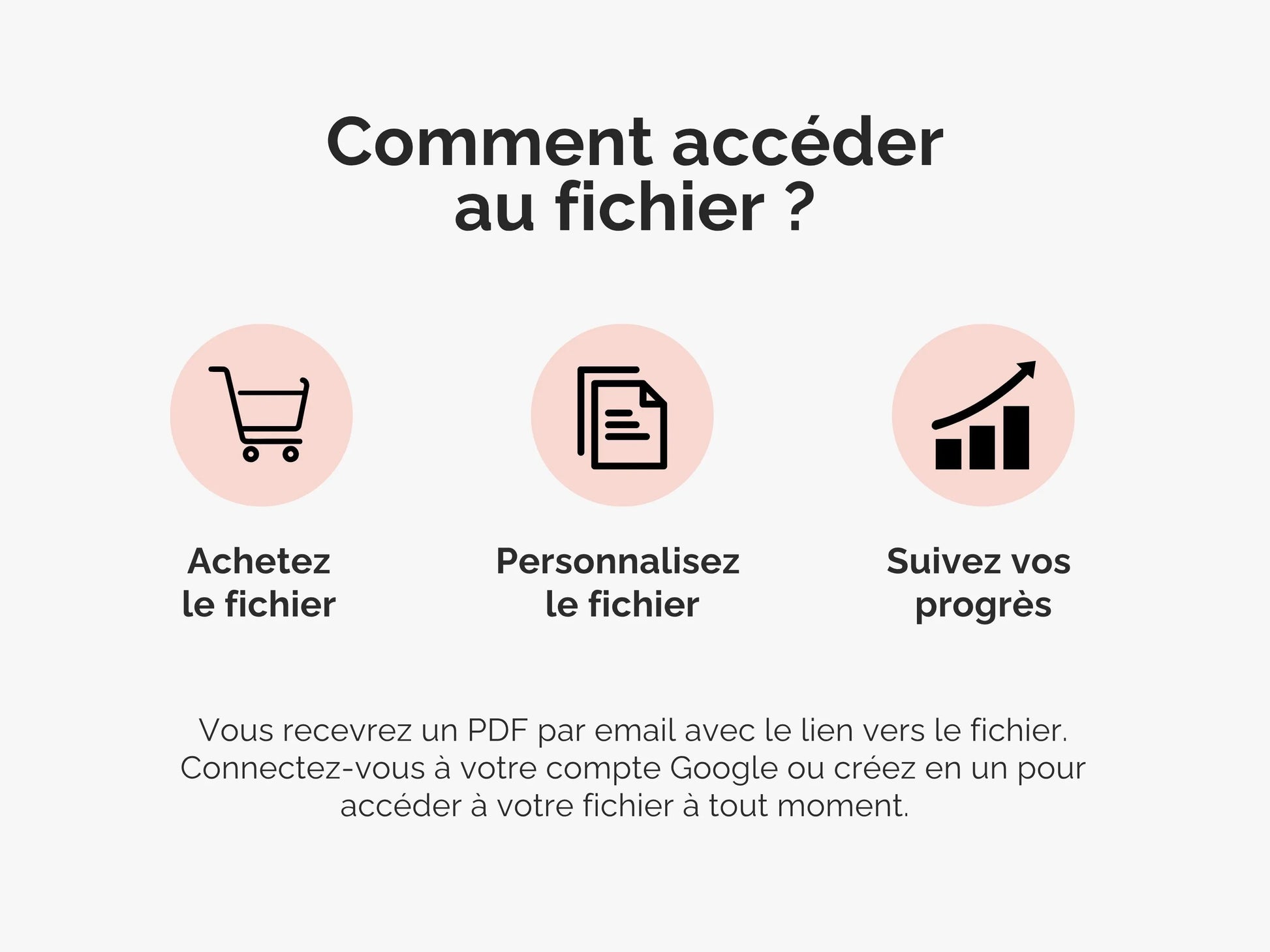 Comment accéder au fichier ? vous recevrez un PDF par email avec le lien vers le fichier. Connectez-vous à votre compte Google ou créez en un pour accéder à votre fichier à tout moment.