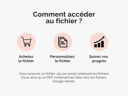 Comment accéder au fichier ?
Vous recevrez un fichier .zip par email contenant les fichiers Excel ainsi qu'un PDF contenant les liens vers les fichiers Google sheets.