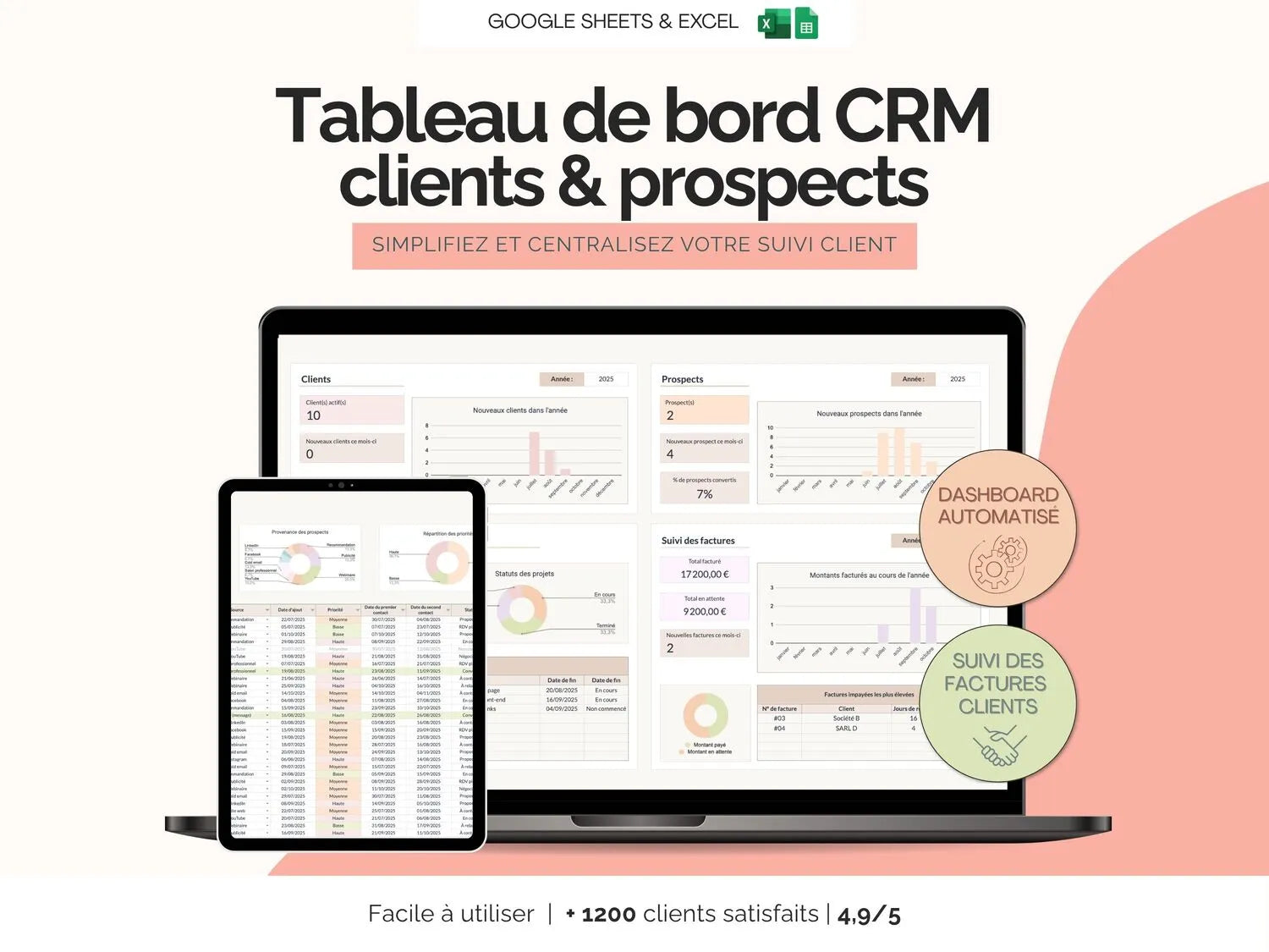 Tableau de bord CRM | Suivi des clients et prospects Excel Google sheets