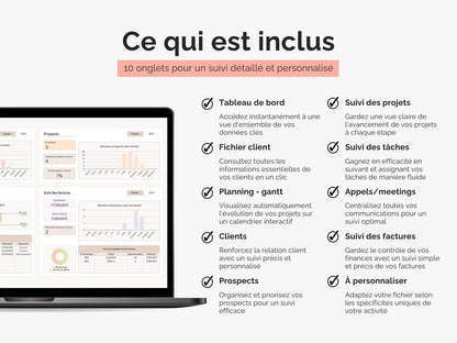 Les onglets inclus dans le CRM tableau de bord client : suivi clients, suivi prospects, suivi des projets, suivi des tâches, suivi des appels/meetings, suivi des factures, fichier client, planning projet (gantt), tableau de bord