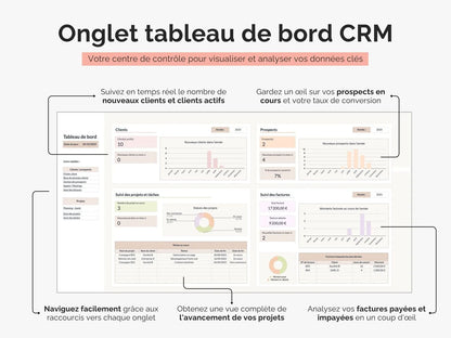Tableau de bord CRM : 
- Suivez en temps réel le nombre de nouveaux clients et clients actifs
- Gardez un œil sur vos prospects en cours et votre taux de conversion
- Obtenez une vue complète de l'avancement de vos projets
- Analysez vos factures payées et impayées en un coup d'œil
