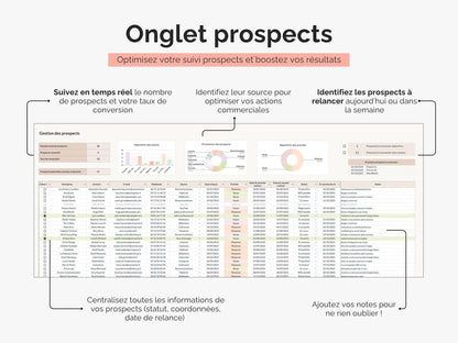 Onglet suivi prospects : 
- Centralisez toutes les informations de vos prospects (statut, coordonnées, date de relance)
- Suivez en temps réel le nombre de prospects et votre taux de conversion
- Identifiez les prospects à relancer aujourd’hui ou dans la semaine