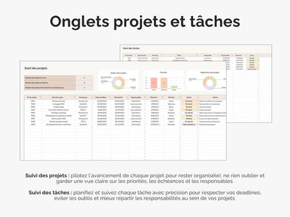 Onglet suivi des projets et tâches :
- pilotez l’avancement de chaque projet pour rester organisé(e), ne rien oublier et garder une vue claire sur les priorités, les échéances et les responsables.
- planifiez et suivez chaque tâche avec précision pour respecter vos deadlines, éviter les oublis et mieux répartir les responsabilités au sein de vos projets.