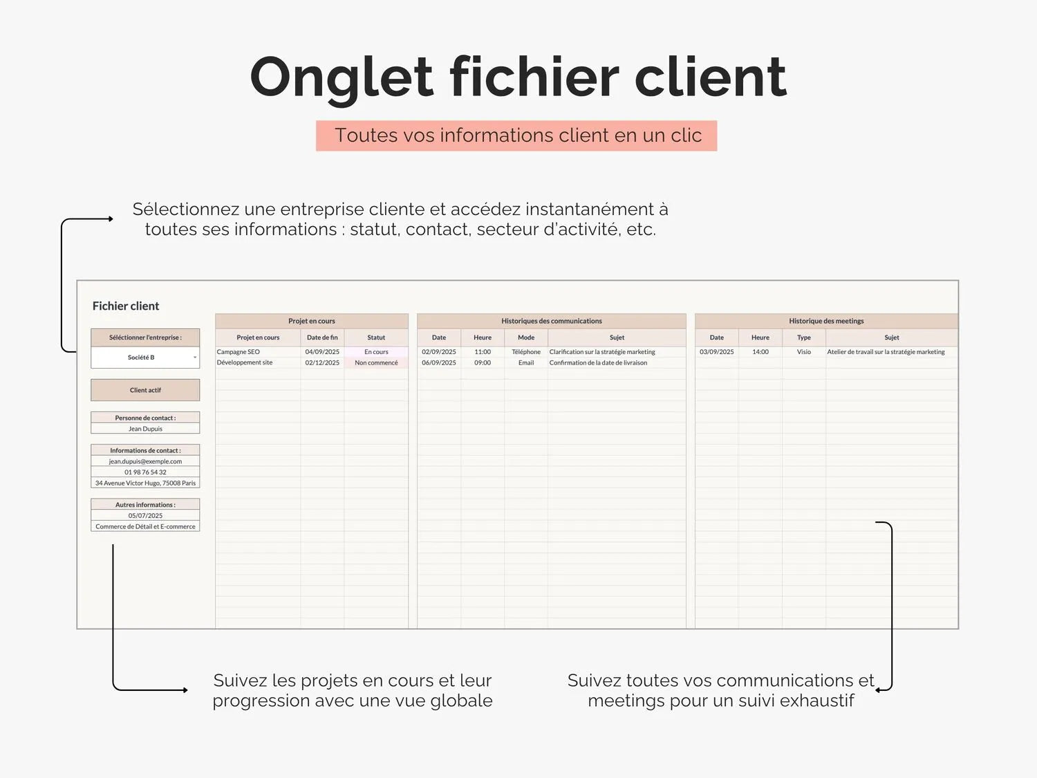 Onglet fichier client : sélectionnez une entreprise cliente et accédez instantanément à toutes ses informations : statut, contact, secteur d’activité, etc.