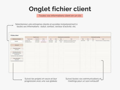 Onglet fichier client : sélectionnez une entreprise cliente et accédez instantanément à toutes ses informations : statut, contact, secteur d’activité, etc.