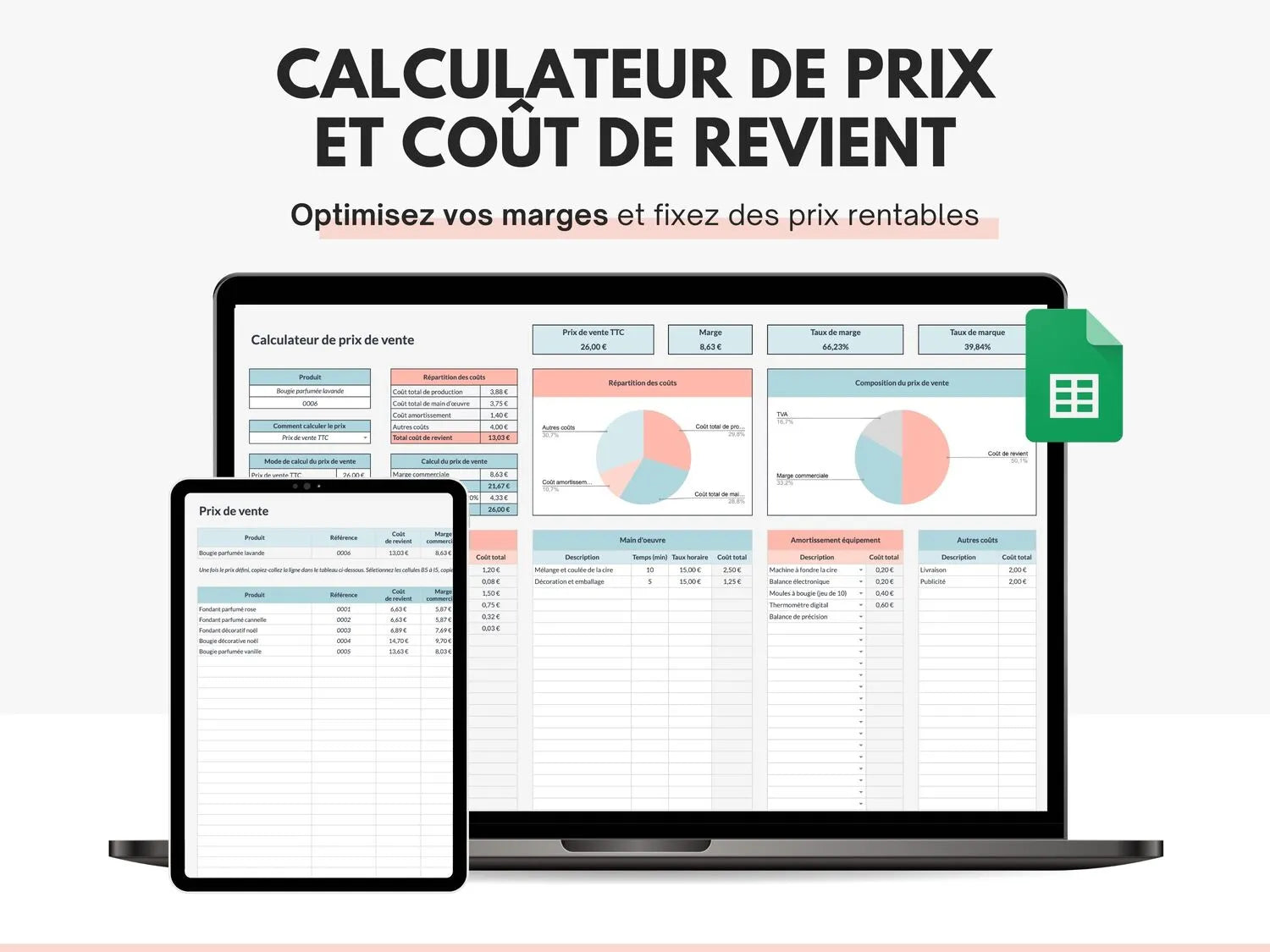 Calculateur de prix de vente et coût de revient Google sheets