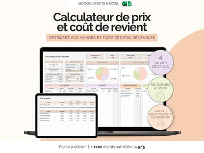 Calculateur de prix de vente et coût de revient marge Excel Google Sheets