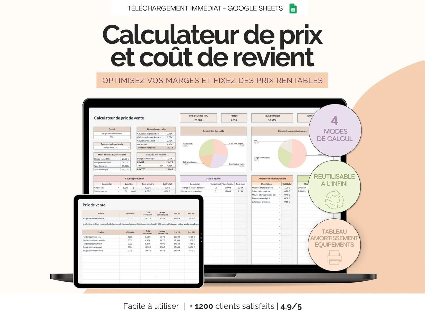 Calculateur de prix de vente et coût de revient Google sheets