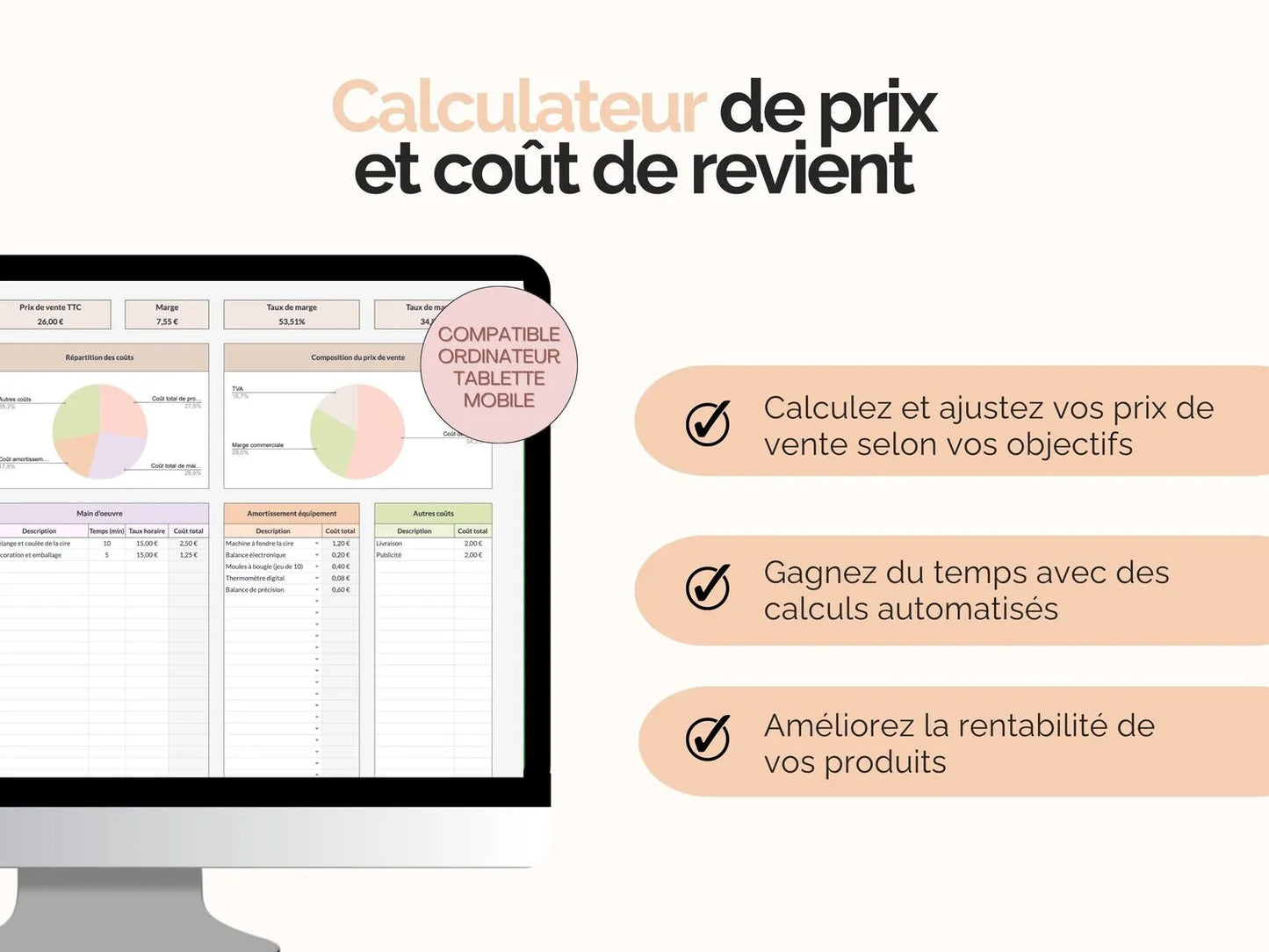 Avantages calculateur de prix et vente et coût de revient Google sheets