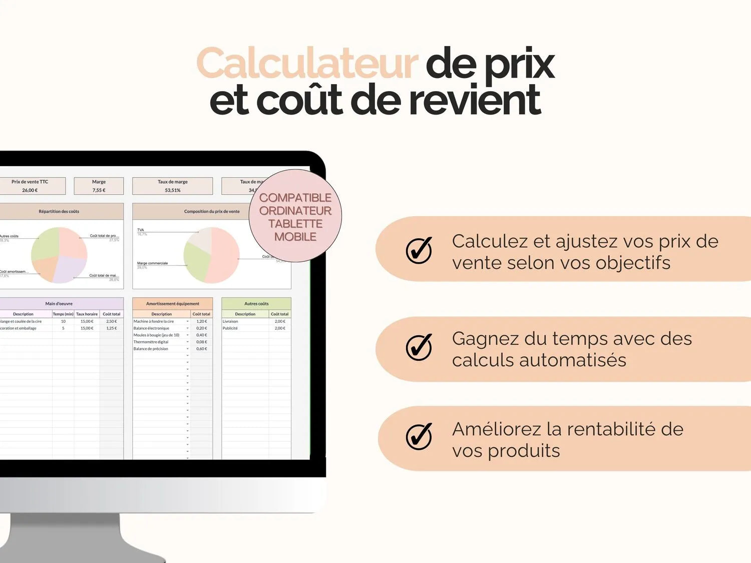 Avantages calculateur de prix et vente et coût de revient Google sheets