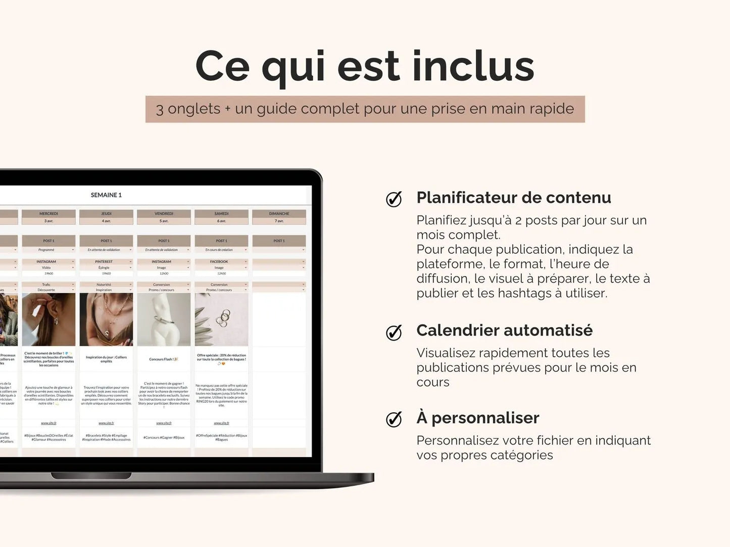 Ce qui est inclus dans le calendrier éditorial pour réseaux sociaux : planificateur de contenu et son calendrier mensuel automatisé