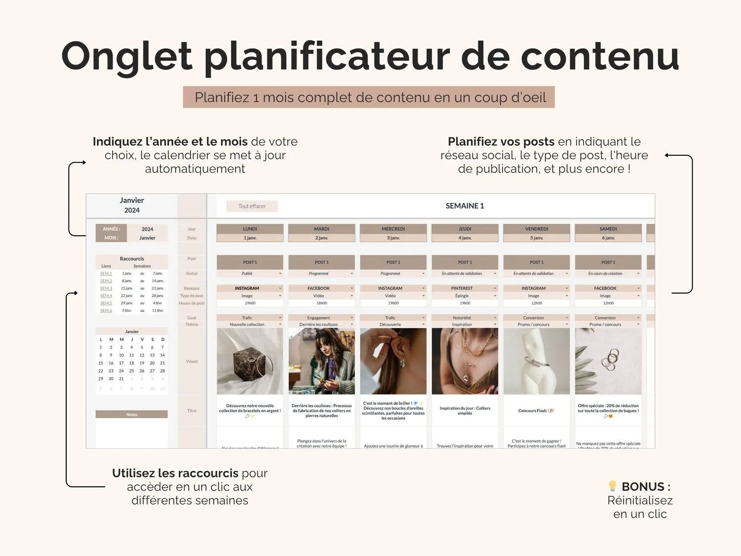 Planificateur de contenu : planifiez vos posts en indiquant la plateforme, le format, l’heure de diffusion, le visuel à préparer, le texte à publier et les hashtags à utiliser