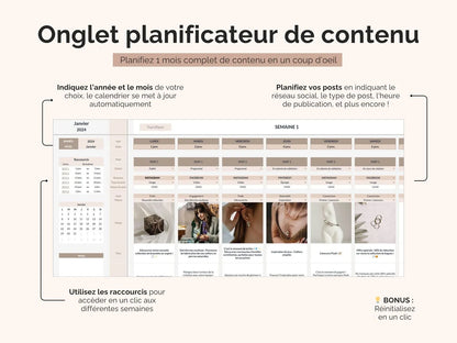 Planificateur de contenu : planifiez vos posts en indiquant la plateforme, le format, l’heure de diffusion, le visuel à préparer, le texte à publier et les hashtags à utiliser