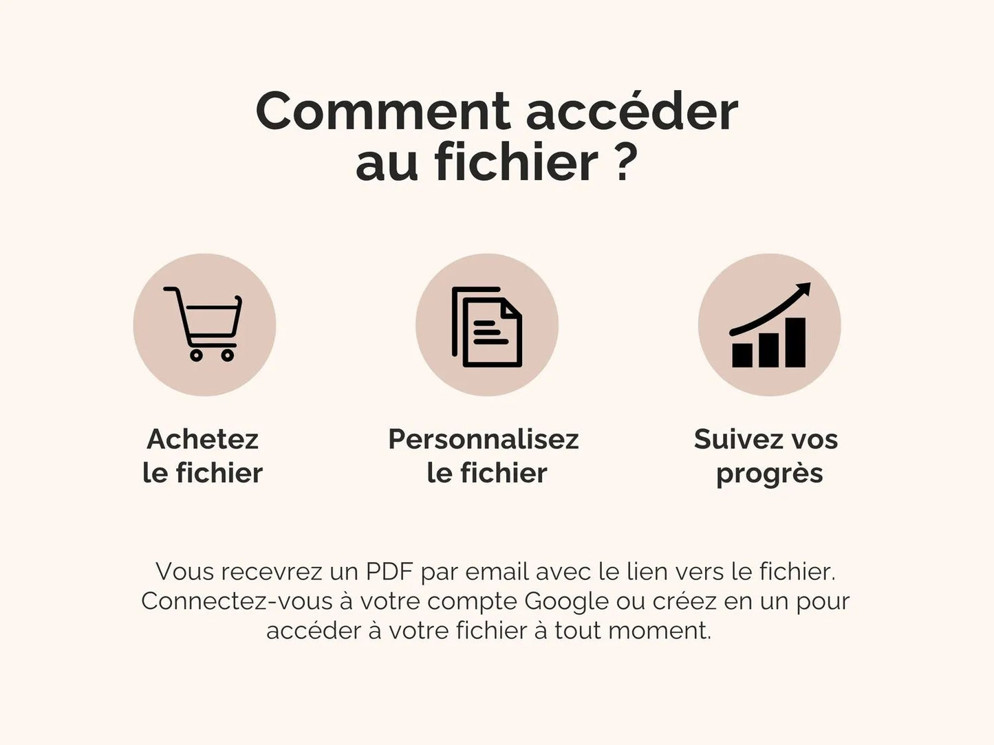 Comment accéder au fichier : vous recevrez un fichier .zip par email contenant les fichiers Excel ainsi qu'un PDF contenant les liens vers les fichiers Google sheets.