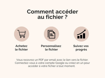 Comment accéder au fichier : vous recevrez un fichier .zip par email contenant les fichiers Excel ainsi qu'un PDF contenant les liens vers les fichiers Google sheets.