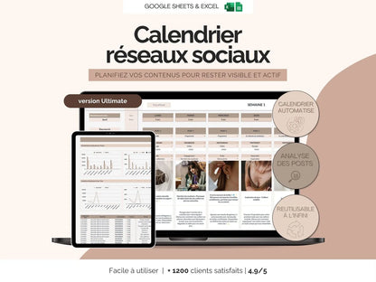 Calendrier éditorial réseaux sociaux - planificateur de contenu Excel Google sheets