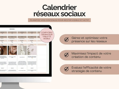 Grâce au calendrier éditorial réseaux sociaux, vous : 
- Gérez et optimisez votre présence sur les réseaux
- Maximisez l’impact de votre création de contenu
- Évaluez l’efficacité de votre stratégie de contenu