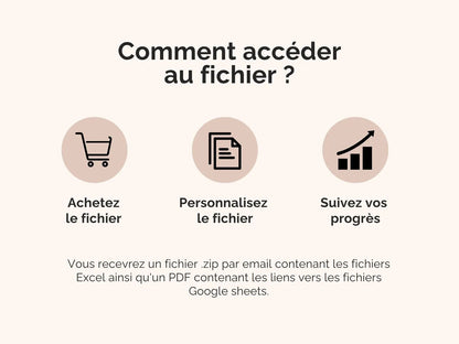 Comment accéder au fichier : vous recevrez un fichier .zip par email contenant les fichiers Excel ainsi qu'un PDF contenant les liens vers les fichiers Google sheets.